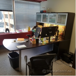 Espresso L-Suite Desk with Privacy Screens and Overhead Storage